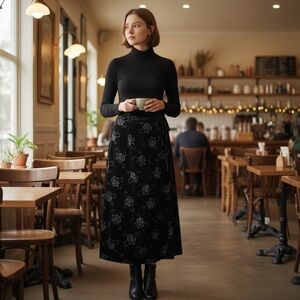 Vintage 90s GAP Black Rose Velvet Burnout Wrap Maxi Skirt Y2K Grunge Goth